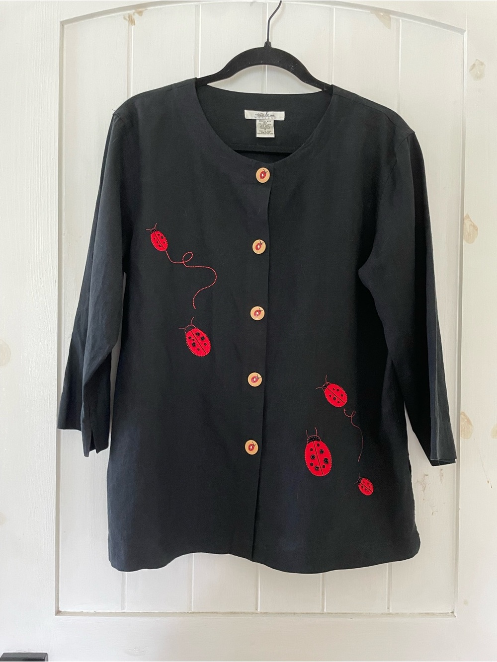 Black Button Front Jacket with Red Ladybug Embroidery linen blend size M